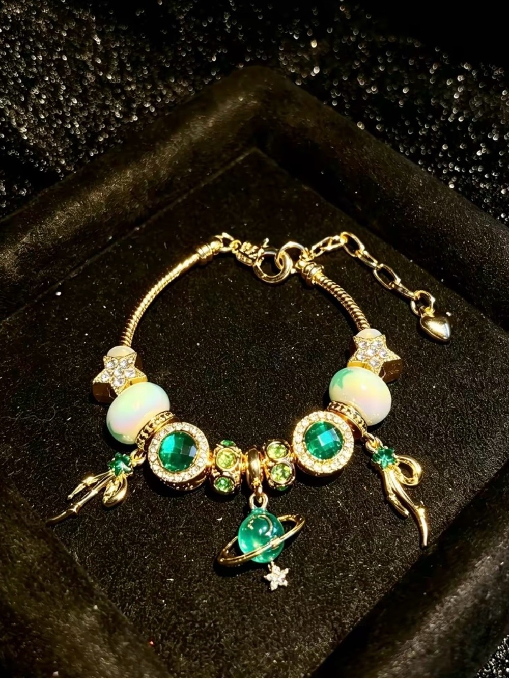 Gold-Tone Green Gem & Opal Charm Bracelet